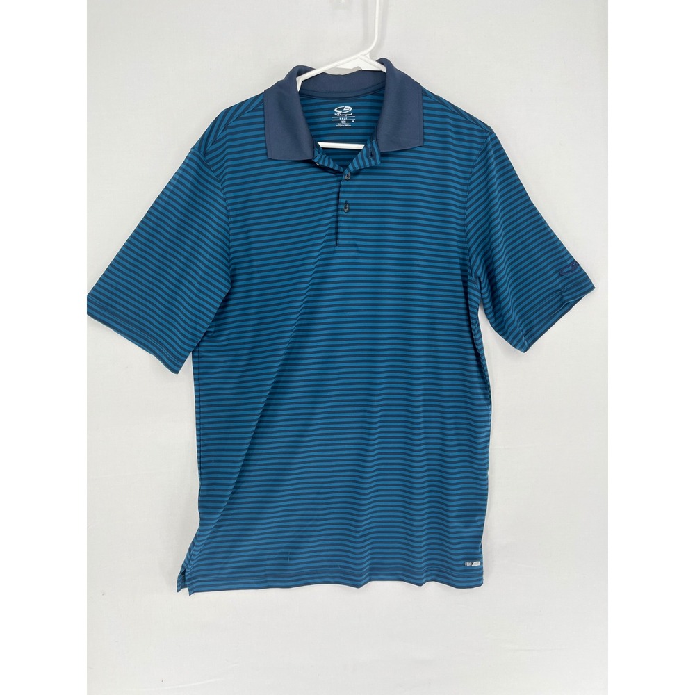 Champion Golf Mens Polo Shirt Medium Blue Teal Striped Short Sleeve Athletic